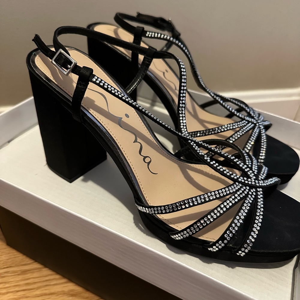 Nina Black Strappy Heels with Rhinestone Detailing